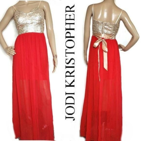 Jodi Kristopher Red & Gold Sequin Prom Ball Gown Size 7 Formal Evening Dress - Picture 1 of 5